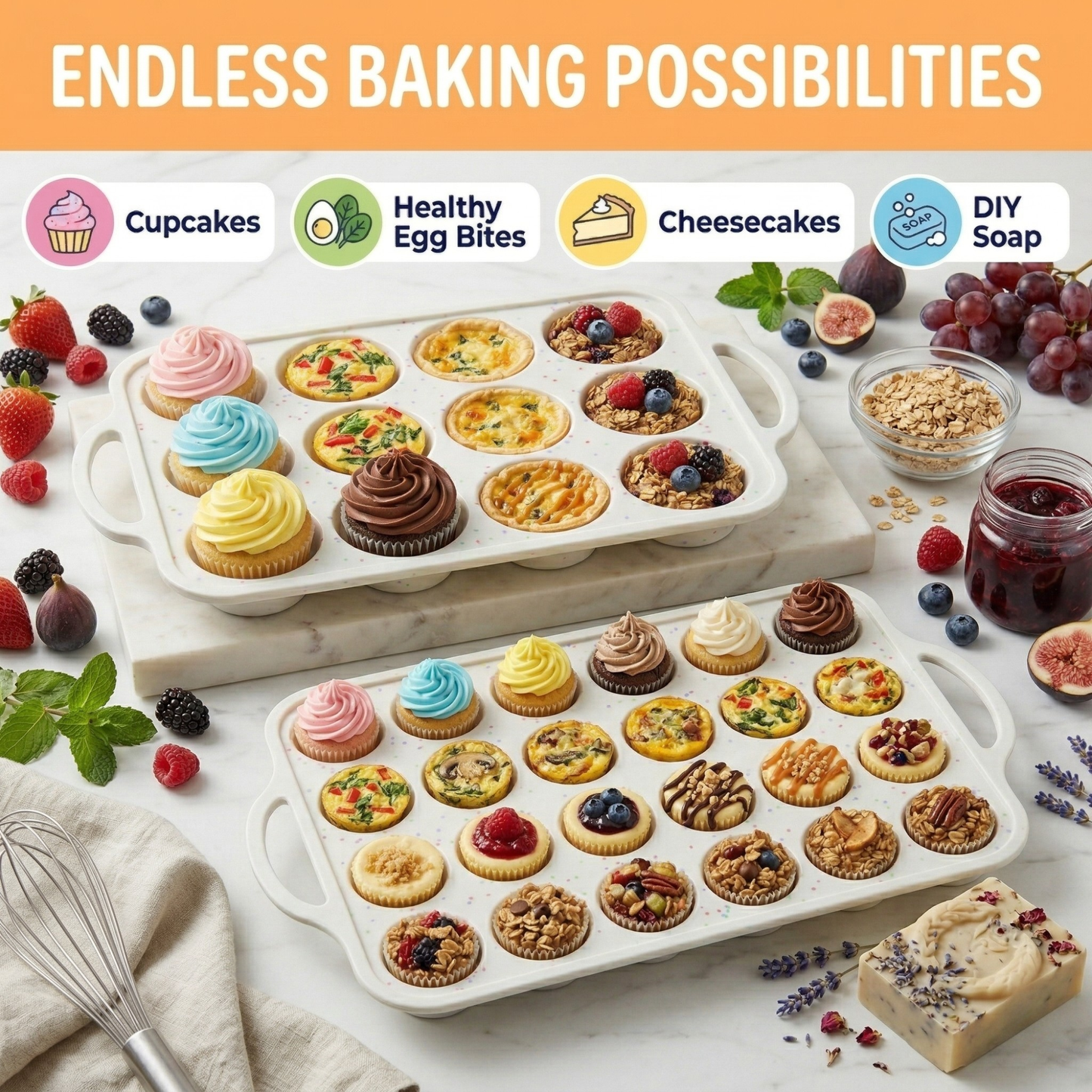 2-Pack Muffin Pan Set (Regular 12-Cup + Mini 24-Cup) - Cream