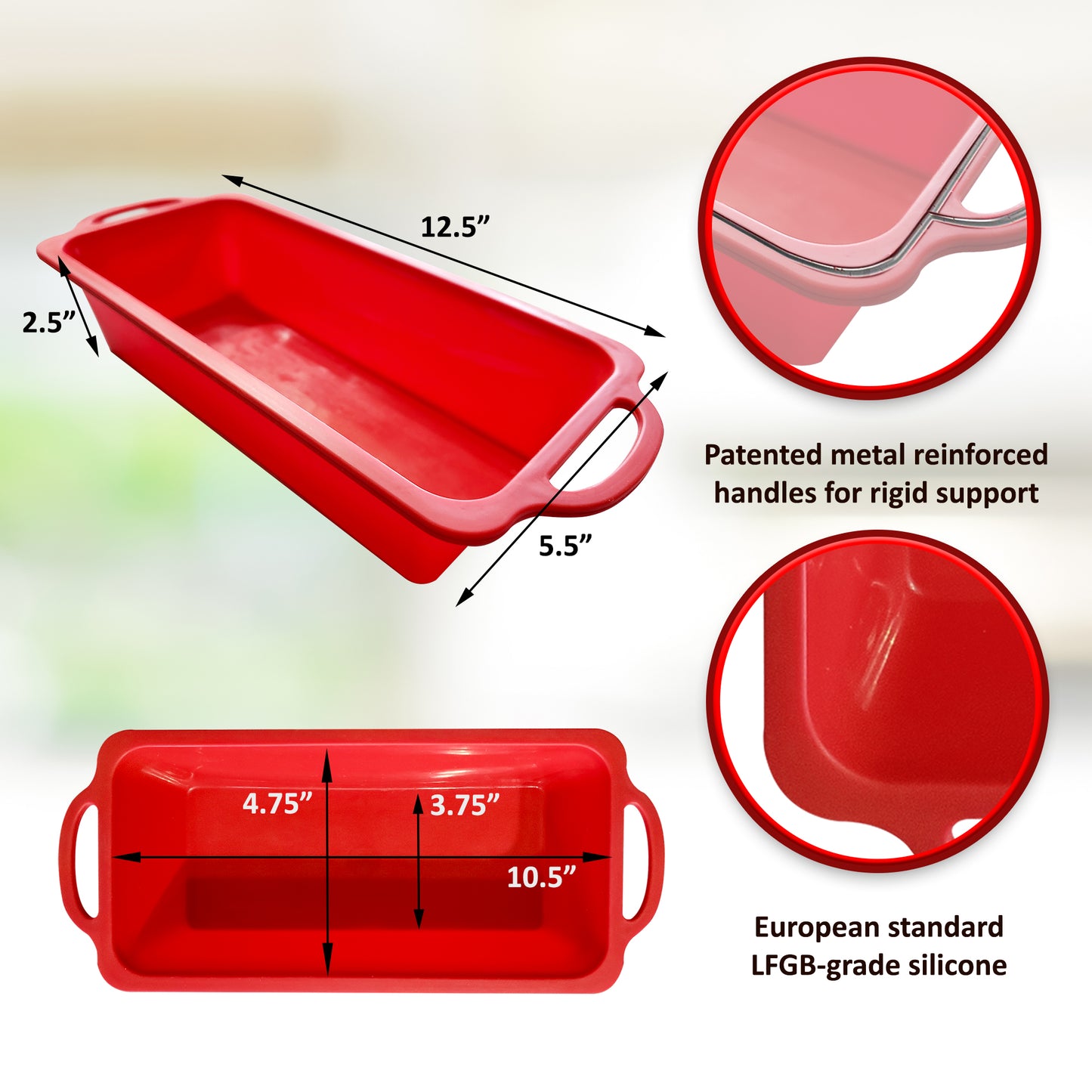 Silicone Bread Loaf & Meatloaf Baking Pan With Metal Reinforced Handle