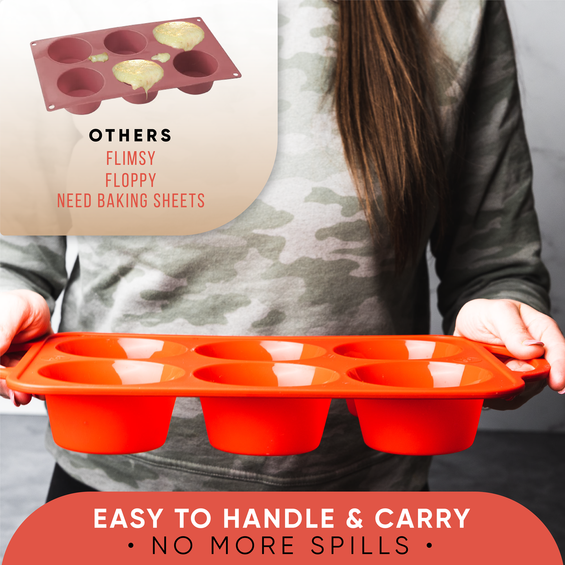 Sturdy Handle & Non Stick Silicone Muffin & Cupcake Baking Pan - Easy to Carry 